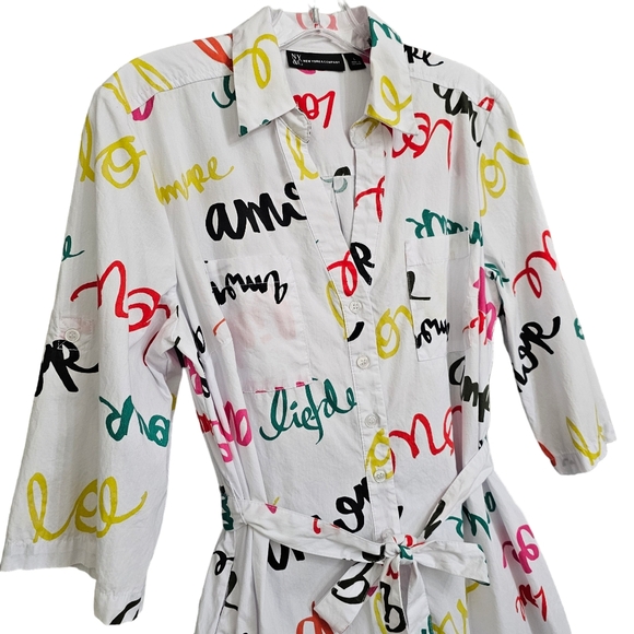 Nwot NY & CO White & Multicolored Script Words 3\4Sleeve Collared Shirt Dress - Picture 7 of 16
